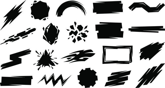 Collection of dynamic black abstract shapes, brush strokes, and graphic effect elements
