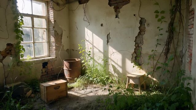 in cinematic 4k abandoned room filled with overgrown greenery broken walls illuminated by soft sunlight casting shadows across forgotten items telling a powerful visual story of nature reclaiming