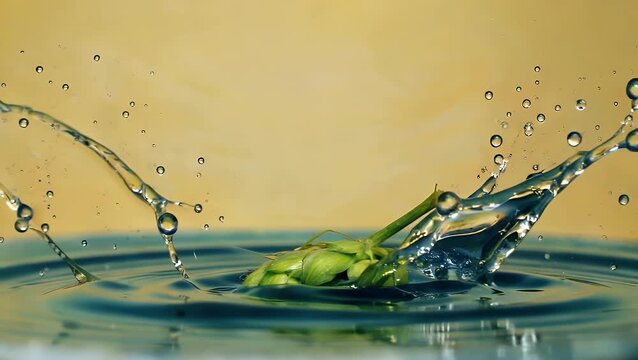 dramatic ultra slow motion 4k shot of fresh hops cones gracefully sinking into clear water against a radiant golden background creating an impressive visual effect perfect beverage beer brewing