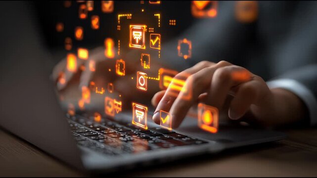 Hands type on a keyboard while icons appear, showing risk management and ethics safety concepts with a focus on warnings and checklists for safety.