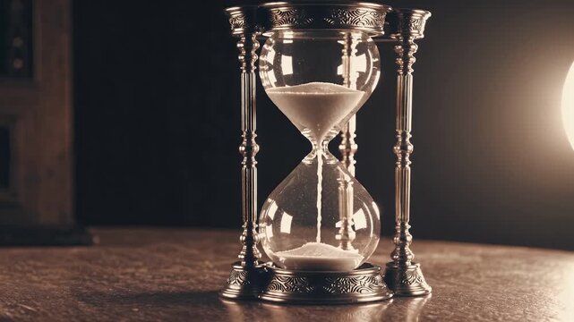 imaginative 4k slow motion video where time flows backward through hourglass symbolizing healing reflection mysterious passage time rendered vintage cinematic style