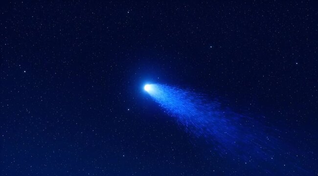 Three bright blue comets with glowing tails streak across a starry night sky representing cosmic events and space