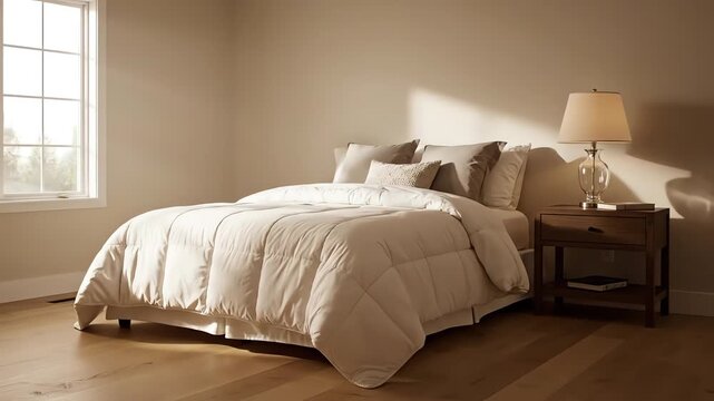 A warmly lit bedroom with a bed featuring a fluffy comforter and pillows. A small wooden nightstand with a lamp and books. Large window allows natural light in
