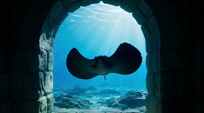 Majestic underwater ruins with sunbeams illuminating a graceful stingray swimming through ancient stone arches serene