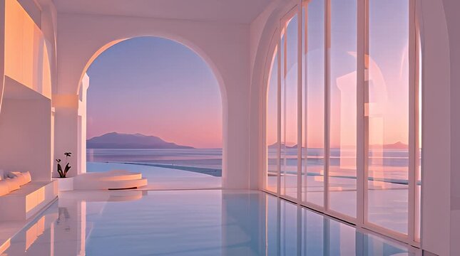 An interior vista with a pool reflects the pastel-hued sky and distant mountains. Arches frame the view, enhancing tranquility and serenity