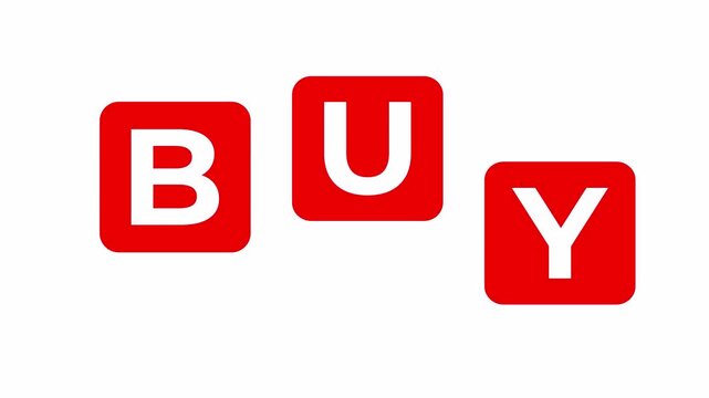 Animated word buy appears on white background with red blocks