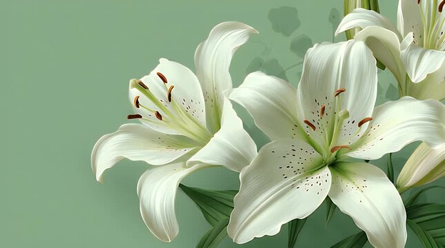 Close-up of elegant, detailed white flower blossoms. Green background complements the delicate petals and unique markings. Leaves add a natural feel