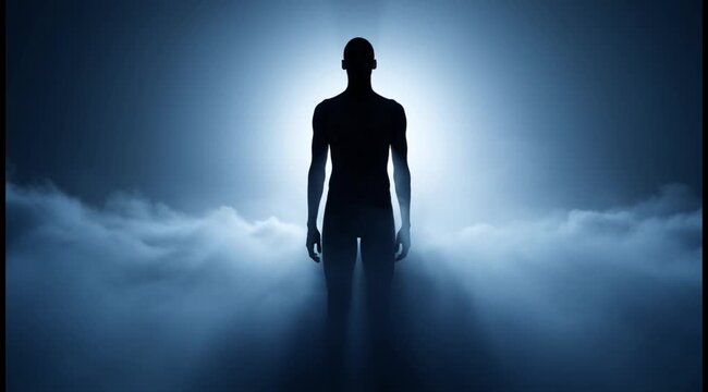 Ethereal silhouette of a solitary figure standing amidst swirling blue mist and dramatic light rays conveying mystery