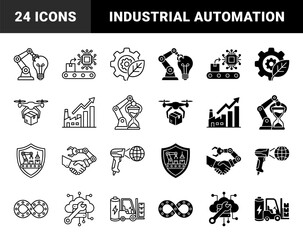 Obraz premium Smart industrial manufacturing and logistics hybrid icons featuring robotic arms merged with lightbulbs hourglasses and shields in outline and glyph styles