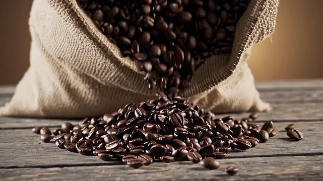 dramatic 4k slow motion shot roasted coffee beans cascading burlap sack onto wooden table emphasizing texture aroma warmth natural coffee culture beautiful cinematic light