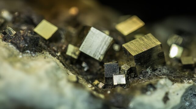 Macro of pyrite cubes (Fool's Gold), perfect metallic geometric squares embedded in rock, natural shine