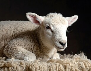 Naklejka premium Adorable Lamb Resting Peacefully on Woolen Surface in Studio.