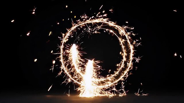 dynamic 4k looping animation letter o formed fiery golden sparkler trails glowing particles black backdrop ideal festive typography animation branding celebration themed visuals
