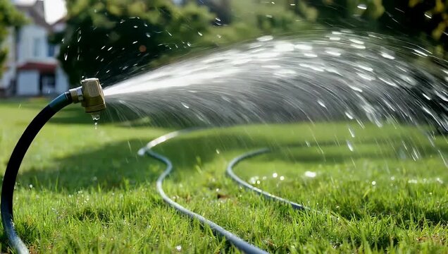 A pristine high quality 4K Pro Res 50fps video acquired in 10bit capturing a refreshing moment as water drops shower and spray from a garden hose with the glistening droplets falling onto the grass