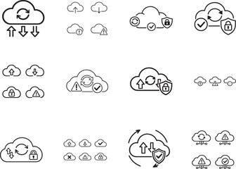 Obraz premium Minimal cloud computing line icons with upload, download, sync, security editable stroke set.
