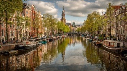 Fototapeta premium Canal lined with buildings with reflections and a tower under a cloudy sky