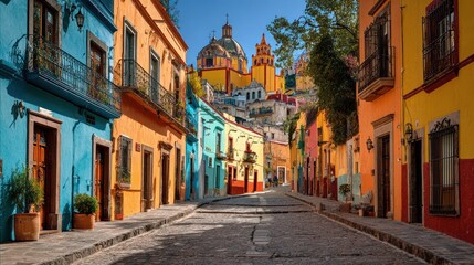 Naklejka premium Colorful street view with buildings and architecture under a sunny sky