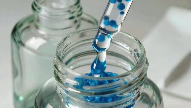 Precise 4K close up focusing on a glass pipette carefully dispensing the transparent serum containing small blue granules as the serum gel droplet falls back into the bottle illustrating the