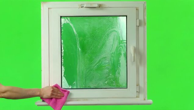 A practical 4K household cleaning shot showing a pink cloth wiping a window glass capturing smooth motion clean surfaces and chroma key friendly background for use in instructional lifestyle or