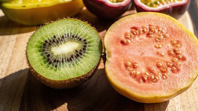Bright sunlight illuminating sliced kiwi, guava, star fruit, and passion fruit on a wooden cutting board