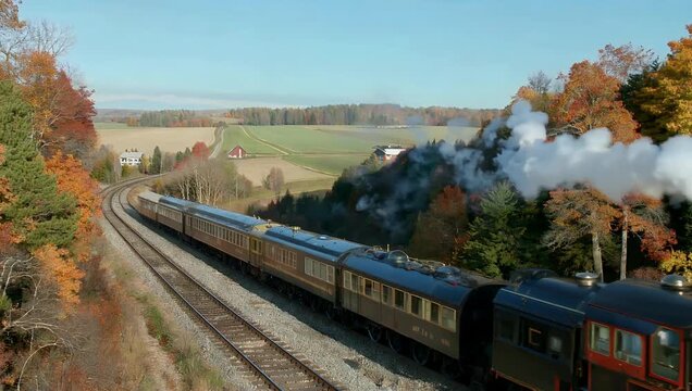 A classic high quality 4K stock video of a steam train chugging along the tracks completely surrounded by lush trees and expansive fields effectively evoking nostalgia in a peaceful rural setting