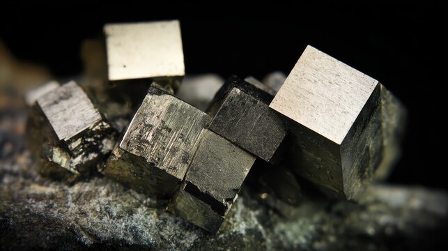 Macro of pyrite cubes (Fool's Gold), perfect metallic geometric squares embedded in rock, natural shine