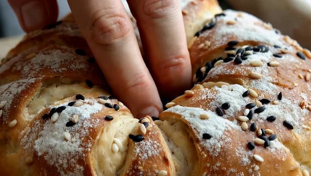 Cinematic 4K close up of a freshly baked wheat bagel sprinkled with black and white sesame seeds highlighting texture golden brown crust and artisanal quality perfect for culinary and food stock