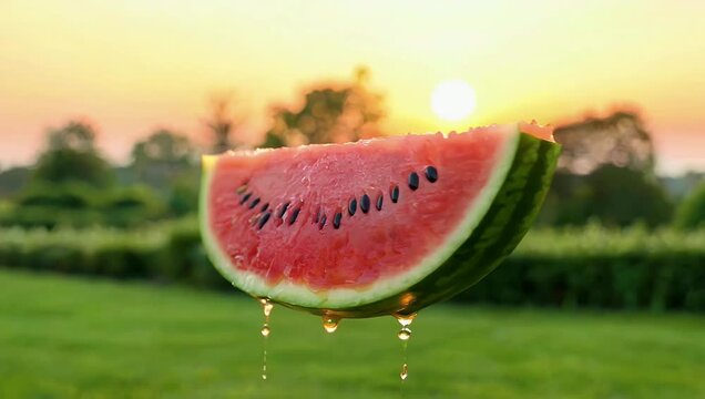 Appetizing 4K close up of rotating fresh sliced watermelon slices highlighting the vibrant red and green colors of the juicy watermelon set against a naturally blurred green garden background during