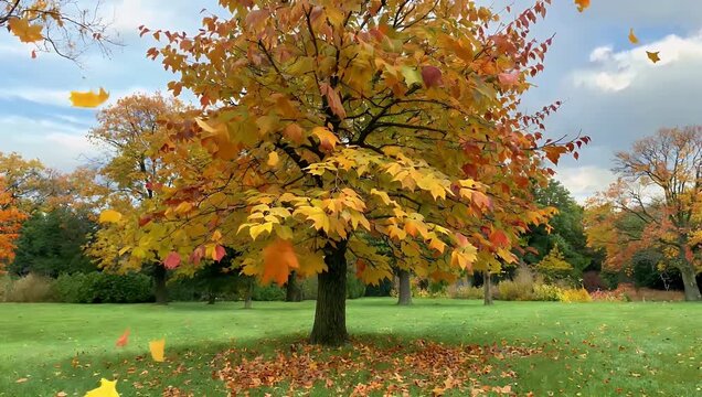 Autumn themed 4K close up of yellow and orange leaves scattered over lush green grass capturing seasonal beauty gentle leaf fall and the vibrant colors of a natural autumn garden landscape