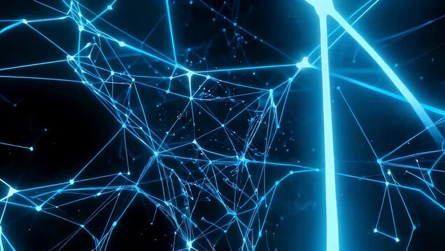 Futuristic 4K abstract motion background featuring shimmering blue particles digital network connections and flowing data streams designed as a seamless loop for technology innovation and high