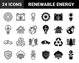 Sustainable energy hybrid icons featuring solar panel houses electric vehicles wind turbine lightbulbs and green power battery storage solutions