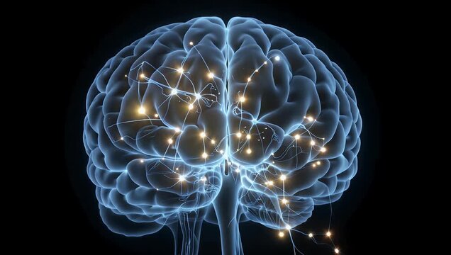 Dynamic 4K 3D animated video of a detailed human brain model highlighting complex luminous neural pathways and connections against a profound dark background effectively illustrating intensive neural