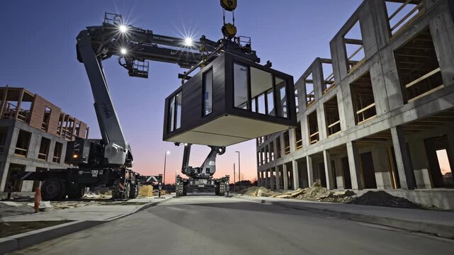 Construction site at dusk shows crane lifting modular building unit above concrete foundation with partially built structures and equipment visible in the background