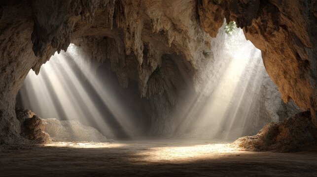 Dramatic sunbeams illuminate the interior of a rough-hewn natural cavern