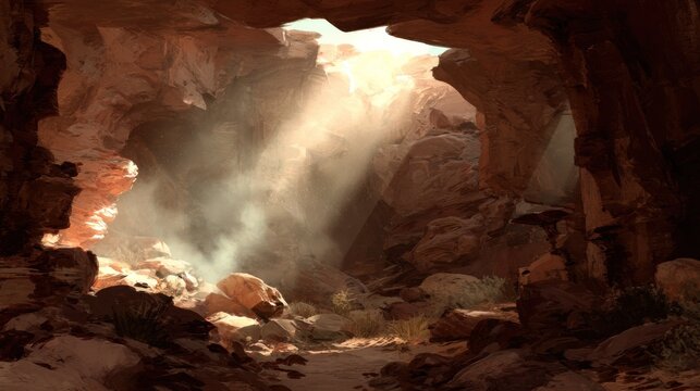 Bright sunlight streams into a shadowy cavern entrance illuminating dust particles in the arid environment