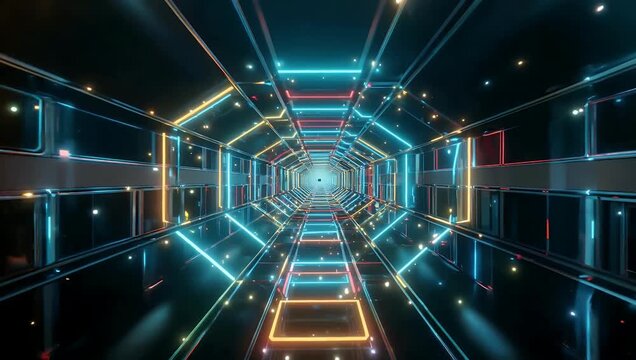 Futuristic 4K abstract animation of neon cubes arranged in rows with glowing dots over dark gradient backgrounds ideal for corporate sci fi or technology stock video projects