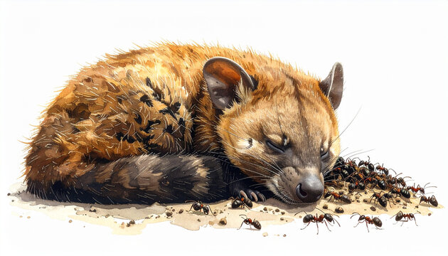 Watercolor illustration of a peaceful civet sleeping curled on sandy ground head near a gathering of ants isolated on white a serene wildlife nature scene.