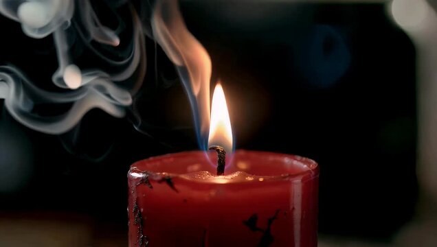 Ultra HD 4K close up of a red candle flame dying out smoke gently rising from the wick on a dark background ideal for mood relaxation or cinematic stock footage