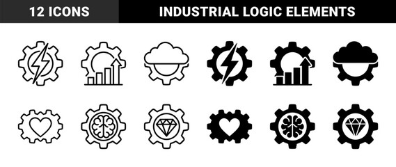Obraz premium Hybrid gear symbols merging industrial mechanical cogs with lightning bolt progress chart cloud heart brain diamond magnifying glass and network node elements