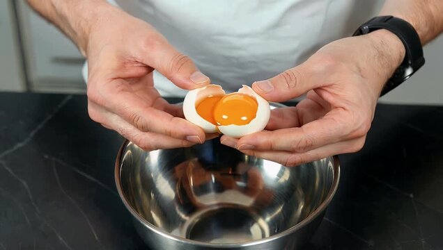 Detailed 4K macro cooking footage capturing the delicate process of separating egg yolk from egg white with the golden yolk slowly drifting wobbling inside dark glossy 