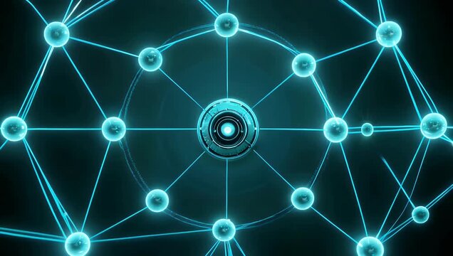 Futuristic 4K digital animation showing glowing network graph with turquoise nodes light blue connecting lines rotating around circular 