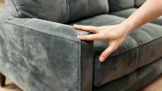 Furniture detail 4K close up of the gray side panel of modern sofa upholstered suede velvet fabric with neat durable 