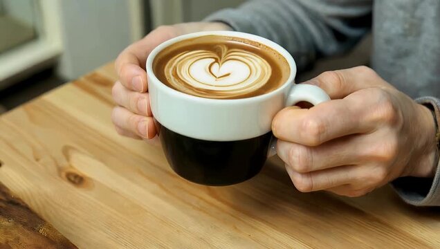 Creative ultra HD 4K stop motion time lapse from top view perspective showing hands drinking coffee with milk from white ceramic cup minimalist composition daily routine concept smooth visual 