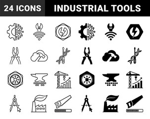 Fototapeta premium Industrial fabrication and digital construction symbols merging mechanical tools with data connectivity and structural engineering elements in outline and solid styles
