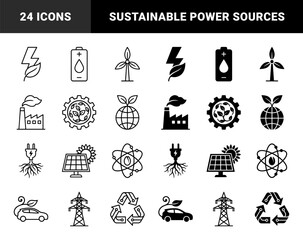 Sustainable energy hybrid symbols combining organic leaf motifs with industrial power generation elements in outline and solid stroke styles