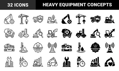 Heavy construction machinery hybrid concepts combining industrial equipment with symbols for efficiency maintenance safety and sustainable engineering solutions