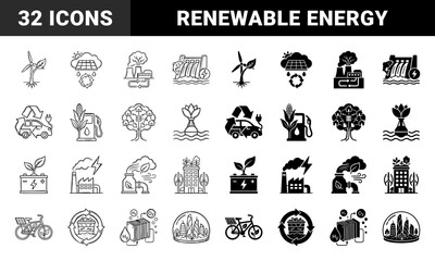 Sustainable energy hybrid icons merging renewable technology with nature featuring wind turbine roots solar cloud rain and electric vehicle leaves