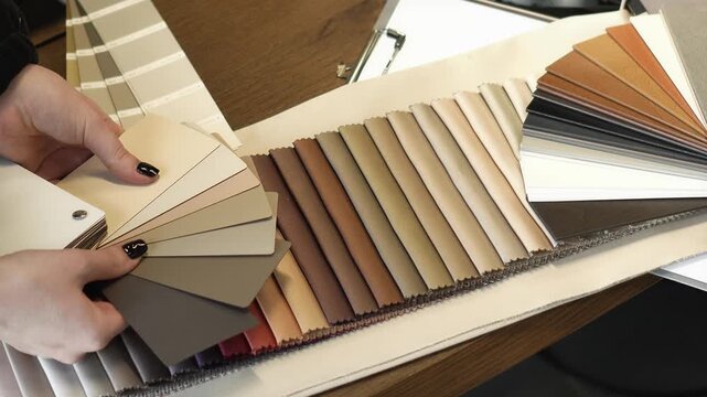female designer selects beige fabric from fabric samples for curtains, textiles and furniture. professional selection of fabric in the salon, interior design, cozy home, tactile sensation
