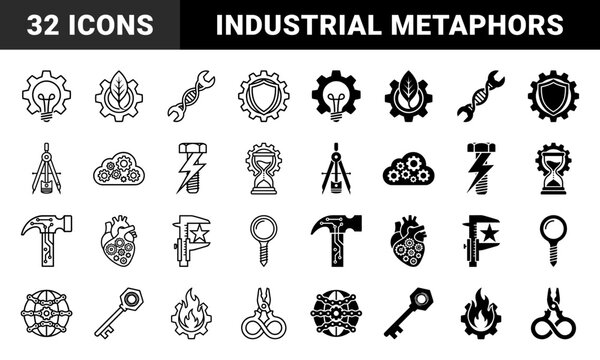 Hybrid engineering and industrial metaphor symbols featuring gear lightbulb dna wrench shield compass cloud bolt hourglass hammer heart caliper magnifying screw key fire and plier