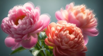 Naklejka premium Elegant pink and orange peony flowers in full bloom, showcasing their delicate petals
